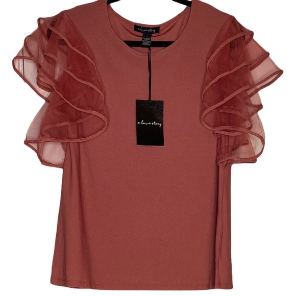 Brand New! A Love Story Salmon Fluttered Tiered Tulle Short Sleeve Shirt Size XL - Picture 2 of 10